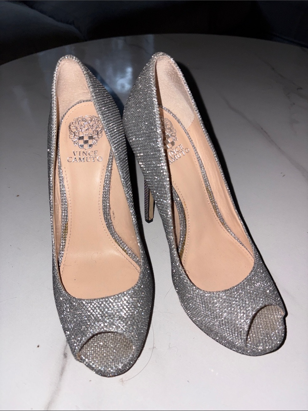 Vince Camuto Silver Glitter Peep-Toe Heels